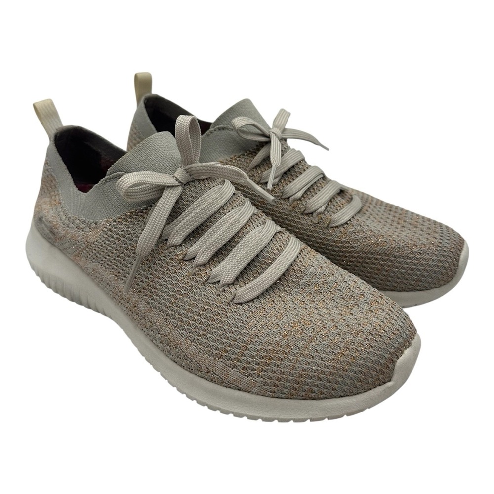 Skechers Ultra Flex Salutations Shoes Womens Sz 8.5 Taupe Gold Slip On Sneakers‎